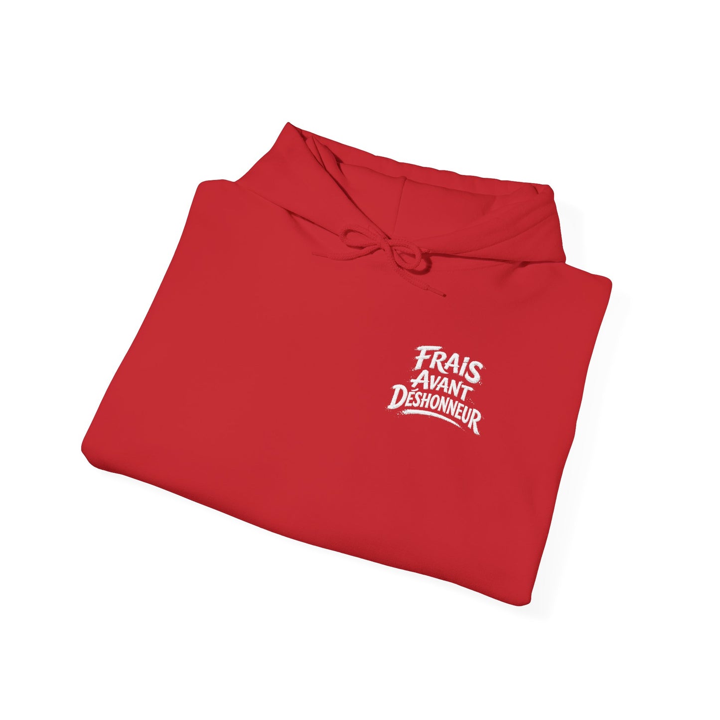 French Script Hoodie — "Frais Avant Déshonneur " Embroidered White Pullover