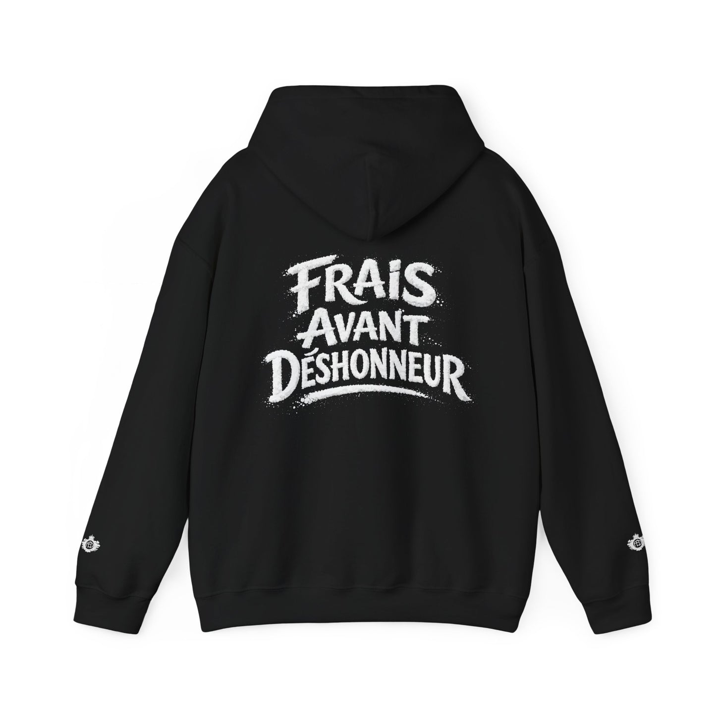 French Script Hoodie — "Frais Avant Déshonneur " Embroidered White Pullover