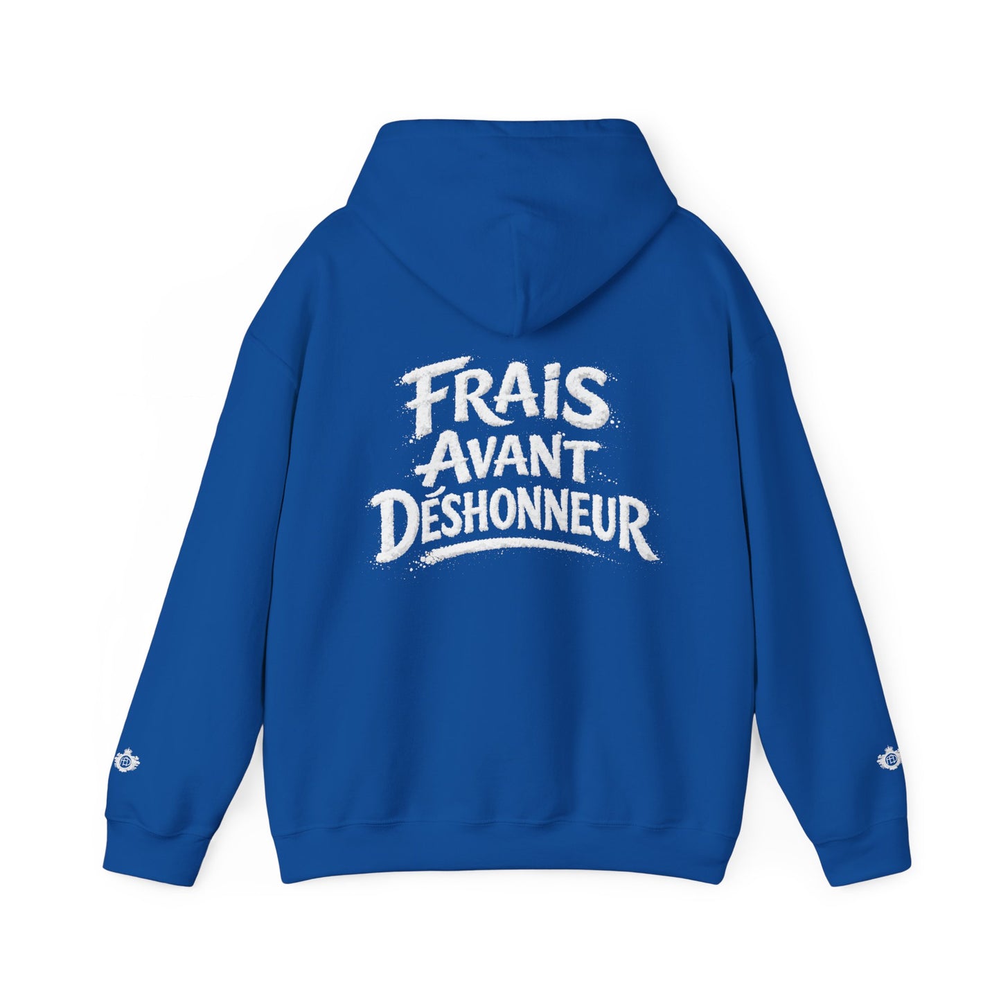 French Script Hoodie — "Frais Avant Déshonneur " Embroidered White Pullover