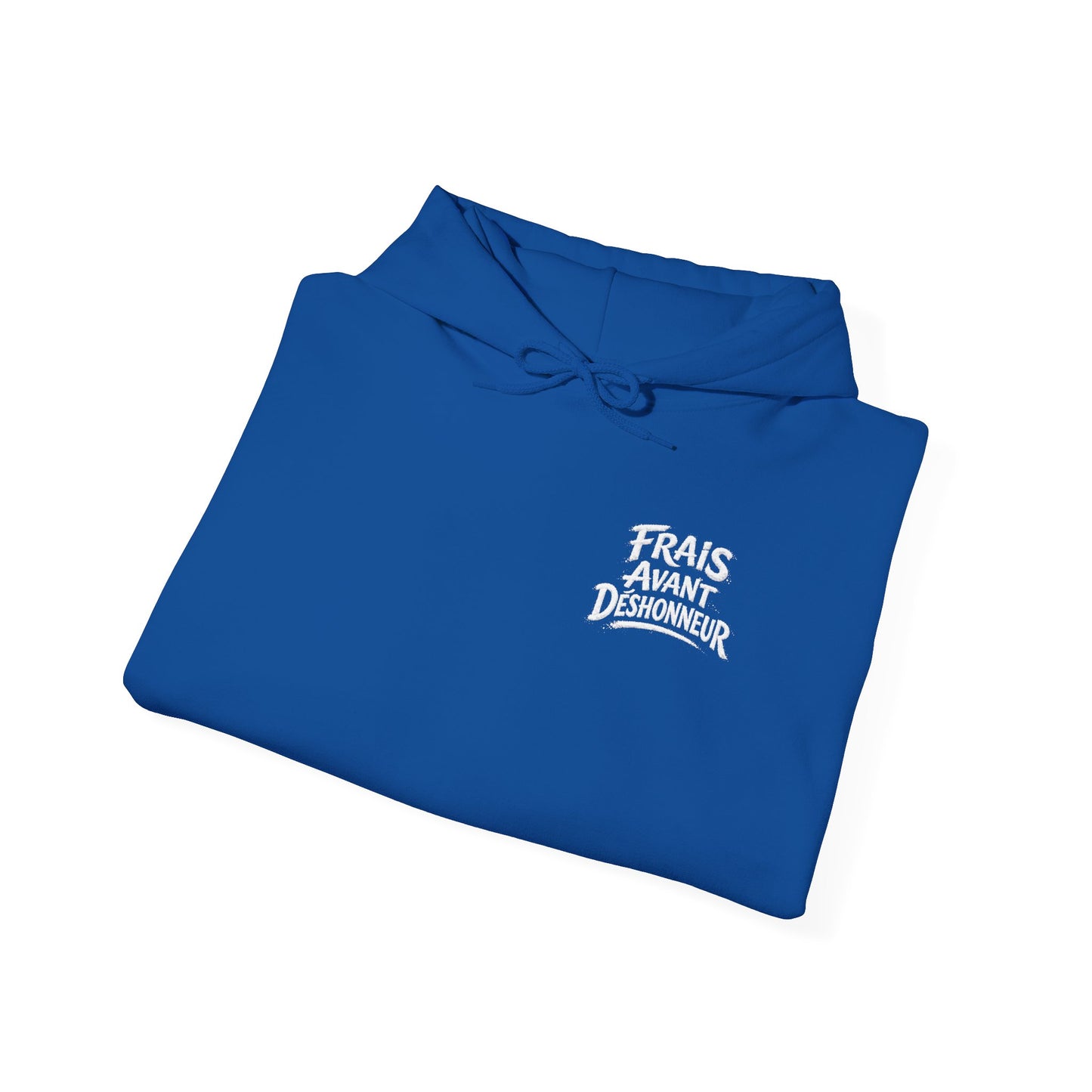 French Script Hoodie — "Frais Avant Déshonneur " Embroidered White Pullover