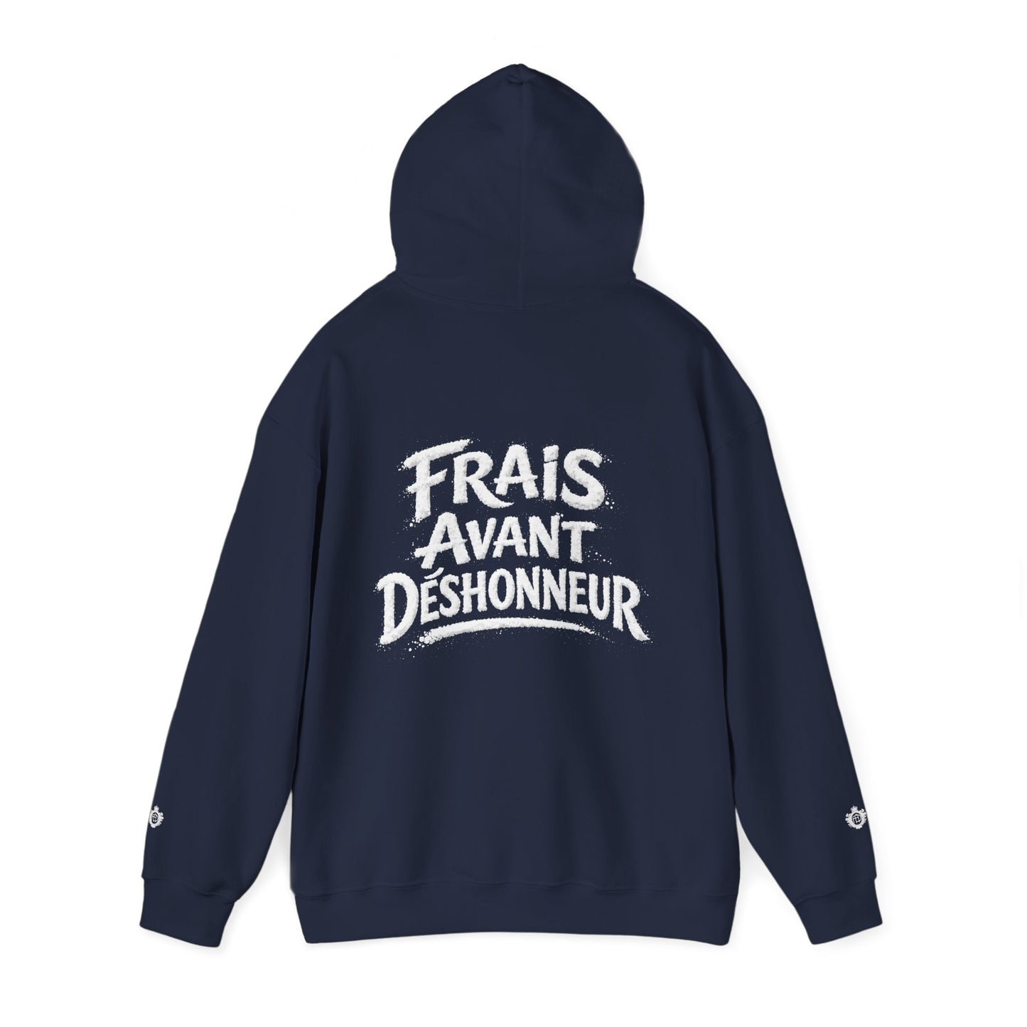 French Script Hoodie — "Frais Avant Déshonneur " Embroidered White Pullover