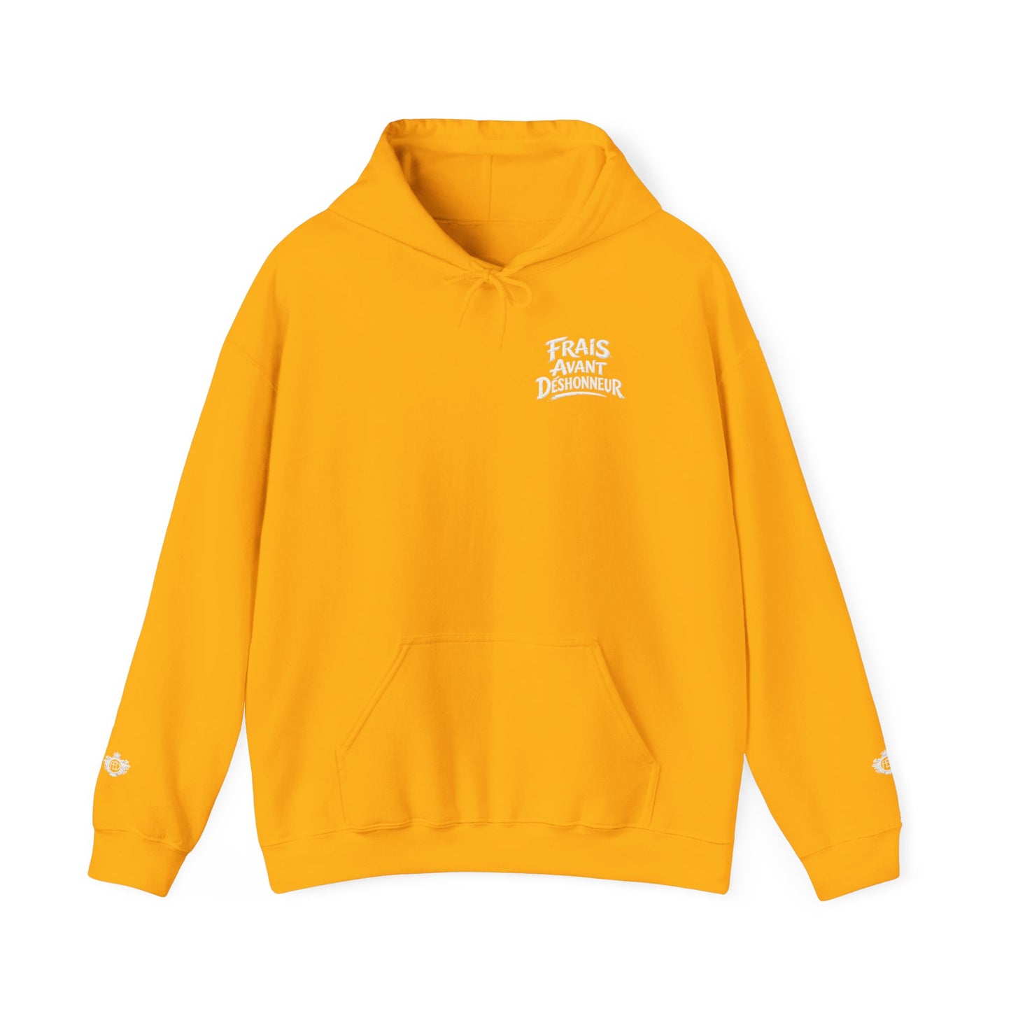 French Script Hoodie — "Frais Avant Déshonneur " Embroidered White Pullover