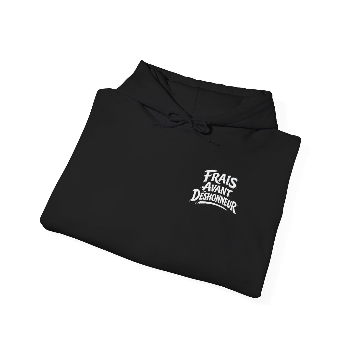 French Script Hoodie — "Frais Avant Déshonneur " Embroidered White Pullover