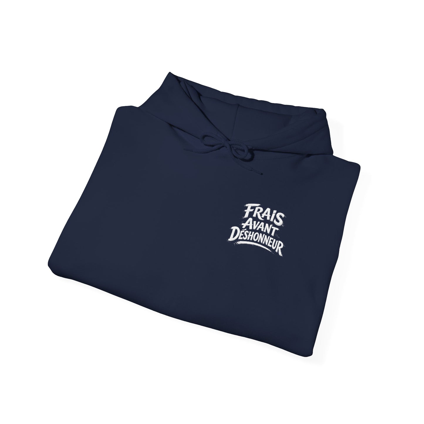 French Script Hoodie — "Frais Avant Déshonneur " Embroidered White Pullover
