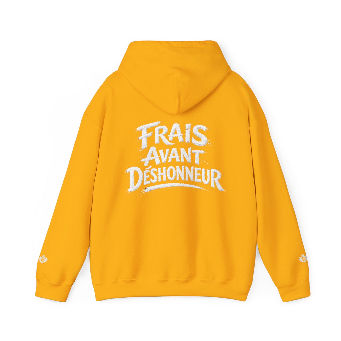 French Script Hoodie — "Frais Avant Déshonneur " Embroidered White Pullover