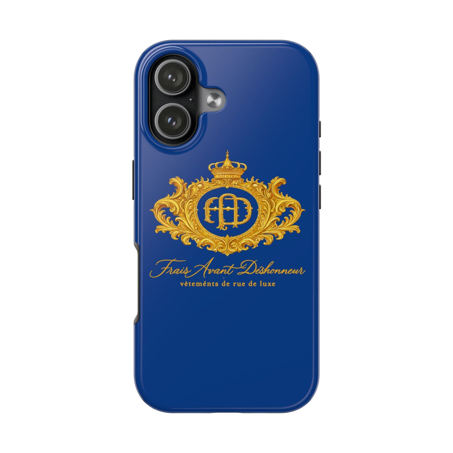 Frais Crest Tough Phone Case – Blue & Gold Monogram ‘FAD’ Luxury Design