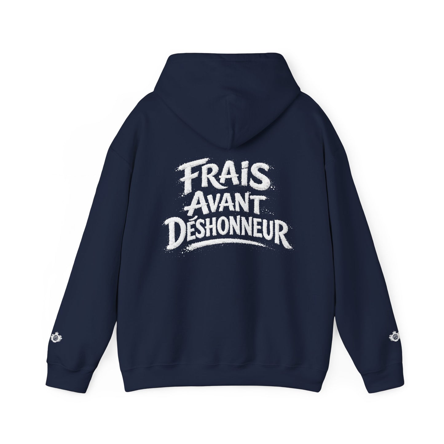 French Script Hoodie — "Frais Avant Déshonneur " Embroidered White Pullover